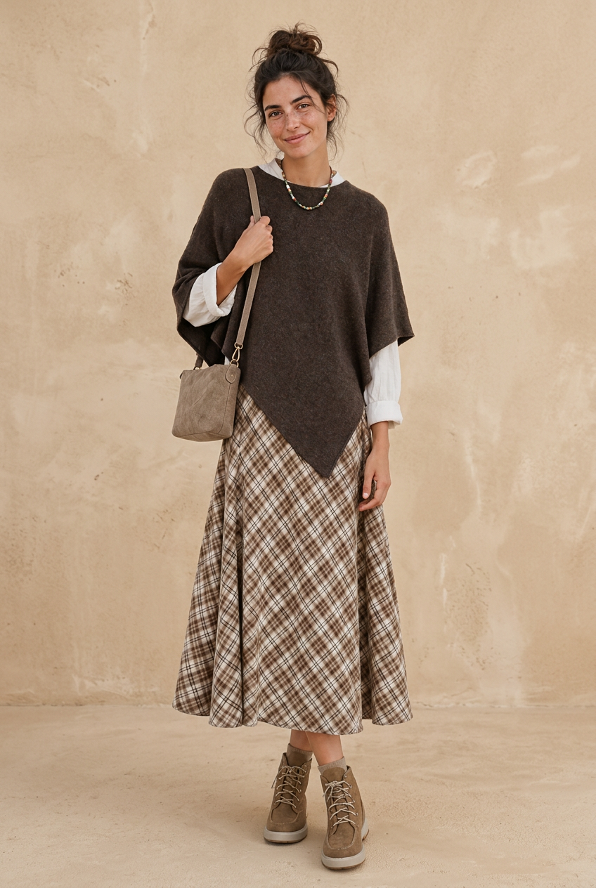 Foto de la modelo con poncho marrón y falda de cuadros sobre fondo arena