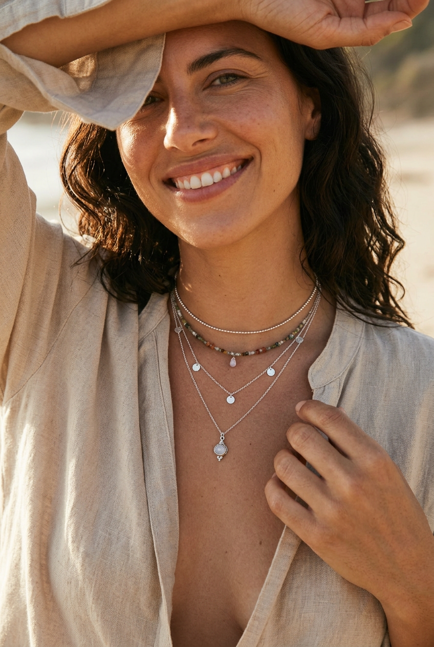 Modelo con camisa beige y los collares de la foto 5