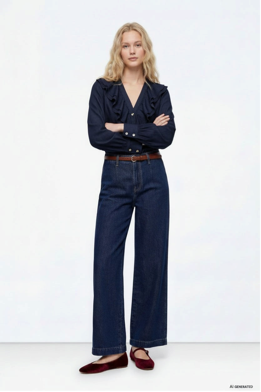 Modelo con pantalón vaquero de tiro alto y corte recto en azul oscuro de Calendula-shop con costuras visibles