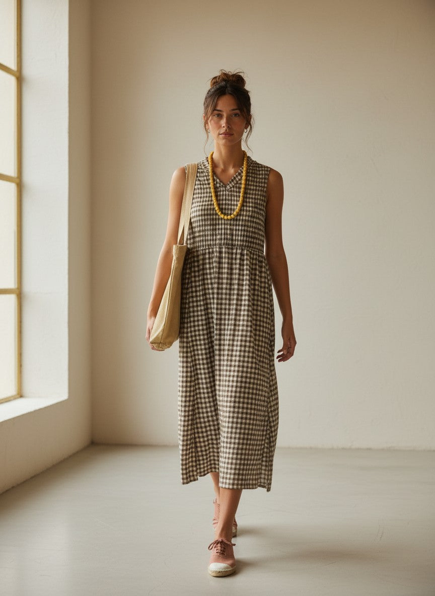 VESTIDO VICHY OCRE