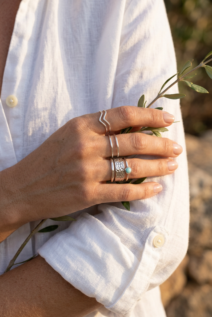 Anillos de plata con una rama, camisa blanca y luz dorada