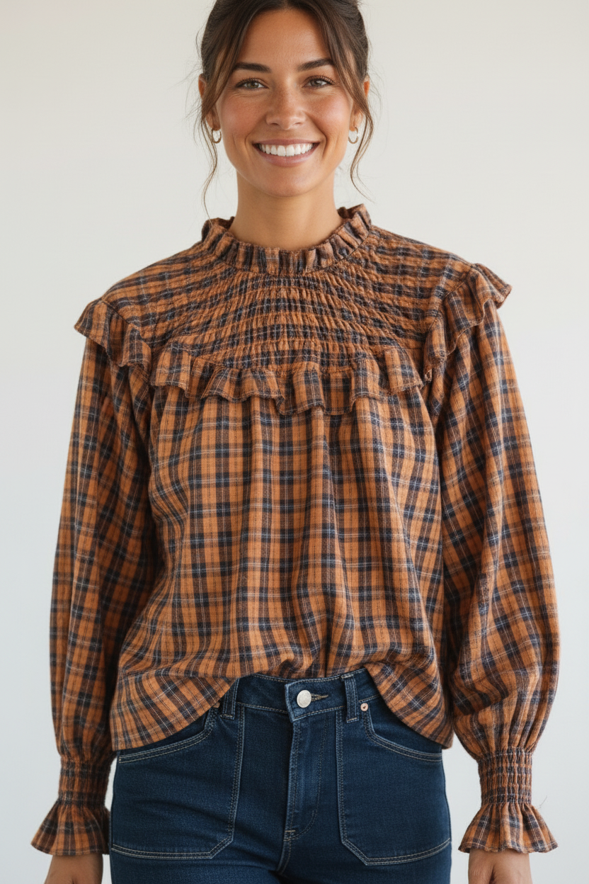 Calendula-shop Albania long-sleeve blouse in brown plaid with ruffled neck, chest ruffle, and smocked cuffs.