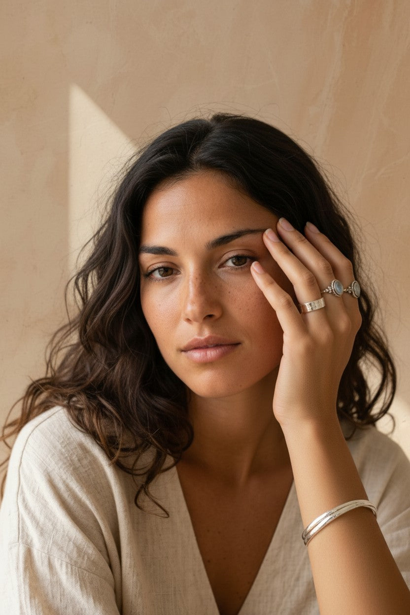 Anillo ancho troquelado de plata de ley 925 de Calendula-shop lucido por una mujer con estilo natural
