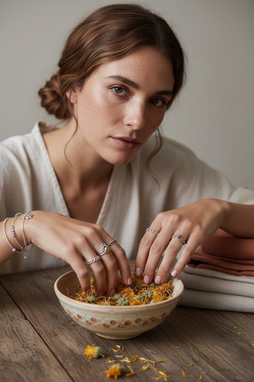 Anillo Eclipse de Calendula-shop con diseño de media luna y pétalos, lucido por una mujer con flores en un cuenco.