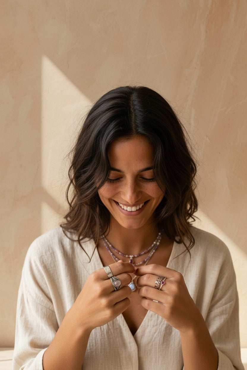 Mujer sonriente luciendo el anillo fases lunares 2 de Calendula-shop en plata de ley con diseño místico