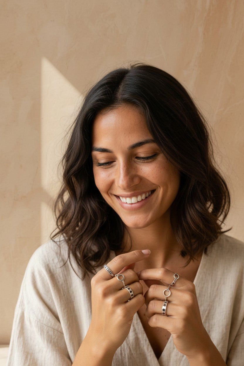 Mujer sonriente luciendo anillos de plata de ley con diseño de fases lunares de Calendula-shop