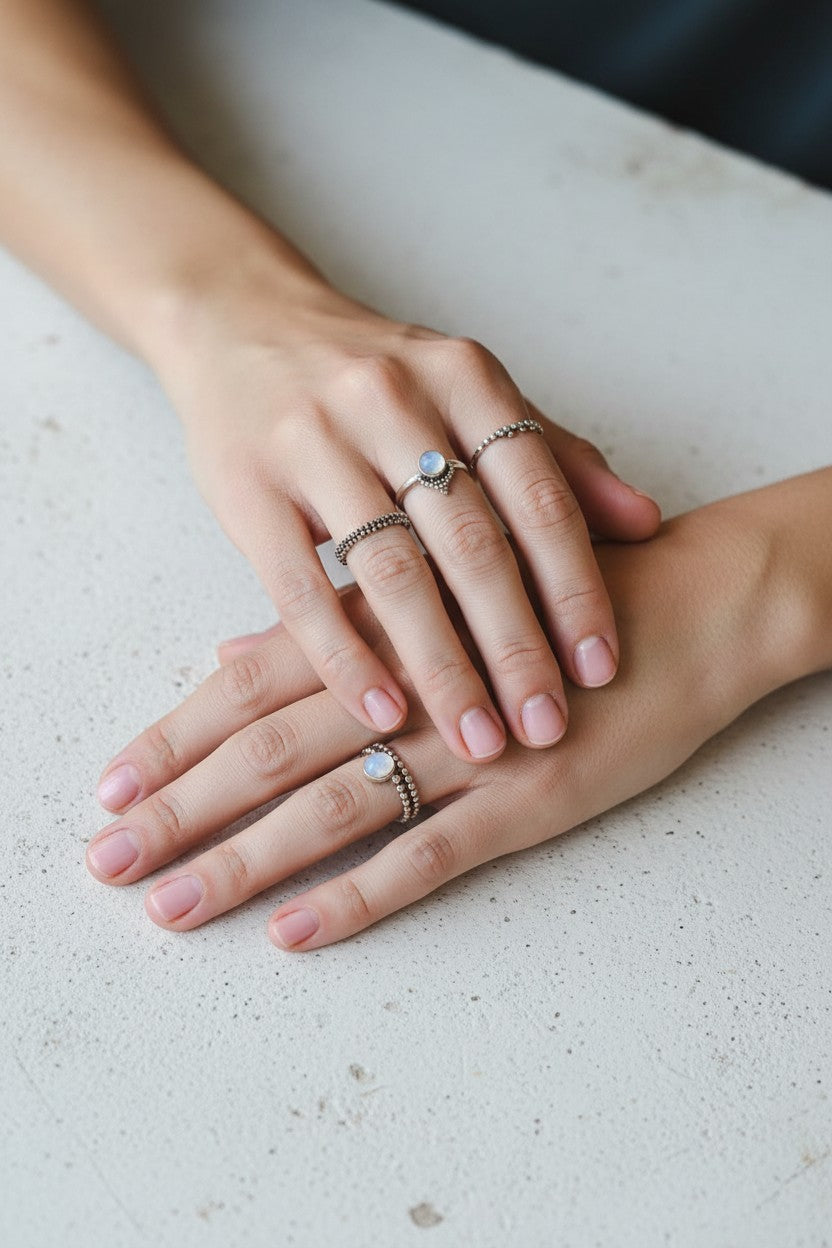 Anillo Laura de Calendula-shop en plata de ley 925 con diseño de bolitas y piedra central en mano femenina