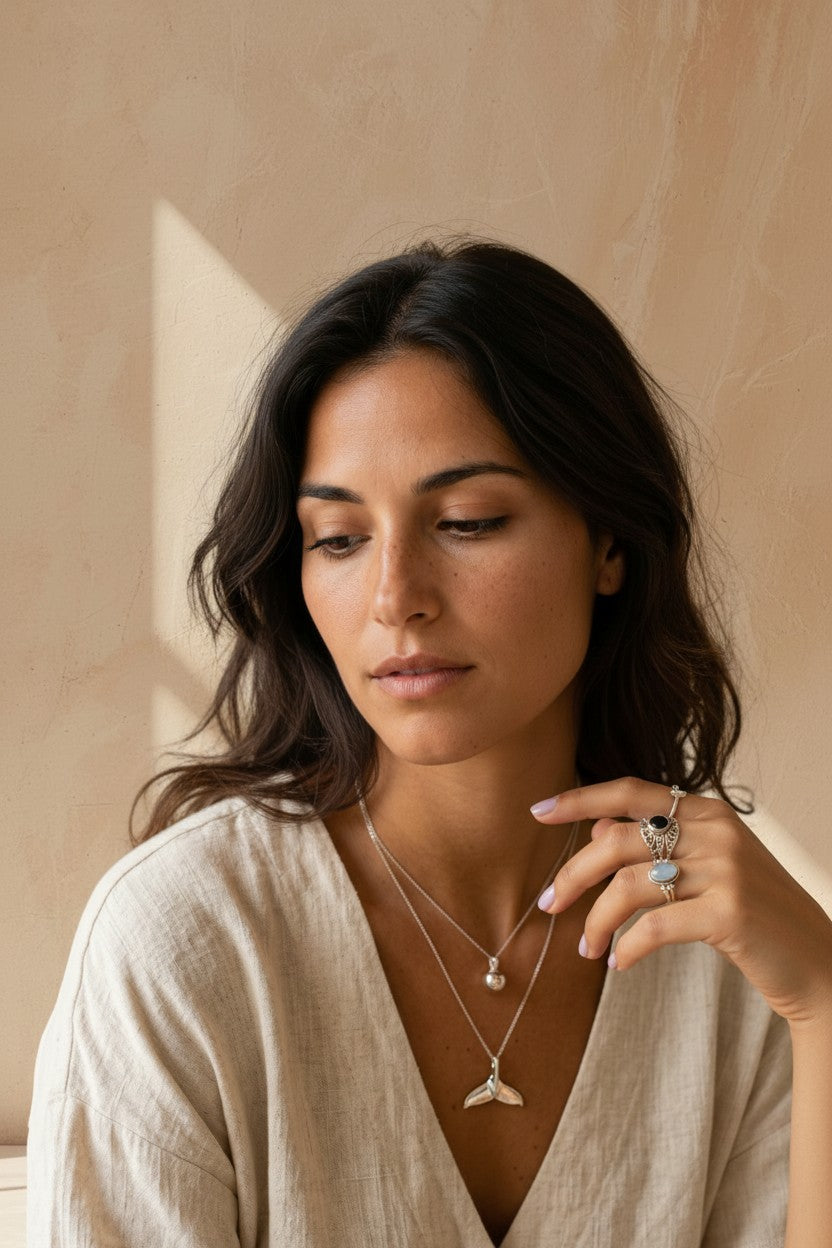 Modelo luciendo anillo de plata de ley 925 con piedra aguamarina de Calendula-shop en un entorno natural y luminoso.