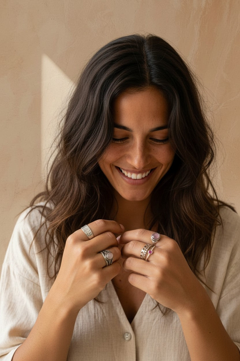 Mujer sonriente luciendo anillos de plata de ley con cuarzo rosa estilo boho de Calendula-shop