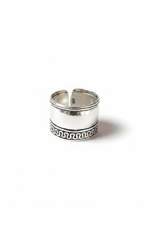 Anillo ancho Calendula-shop de plata de ley 925 con diseño étnico, greca circular y ajuste abierto