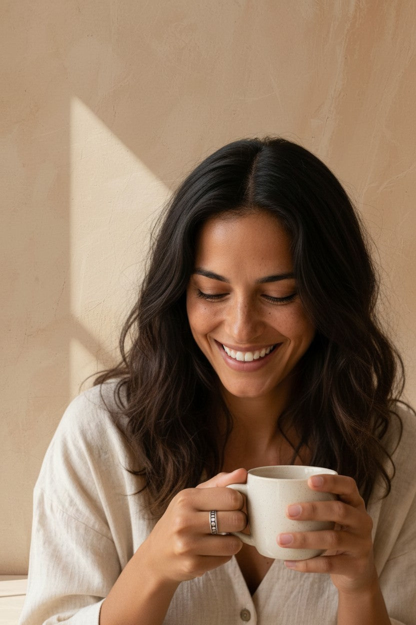 Mujer sonriente con anillo de fases lunares de plata de ley de Calendula-shop sosteniendo una taza de cerámica
