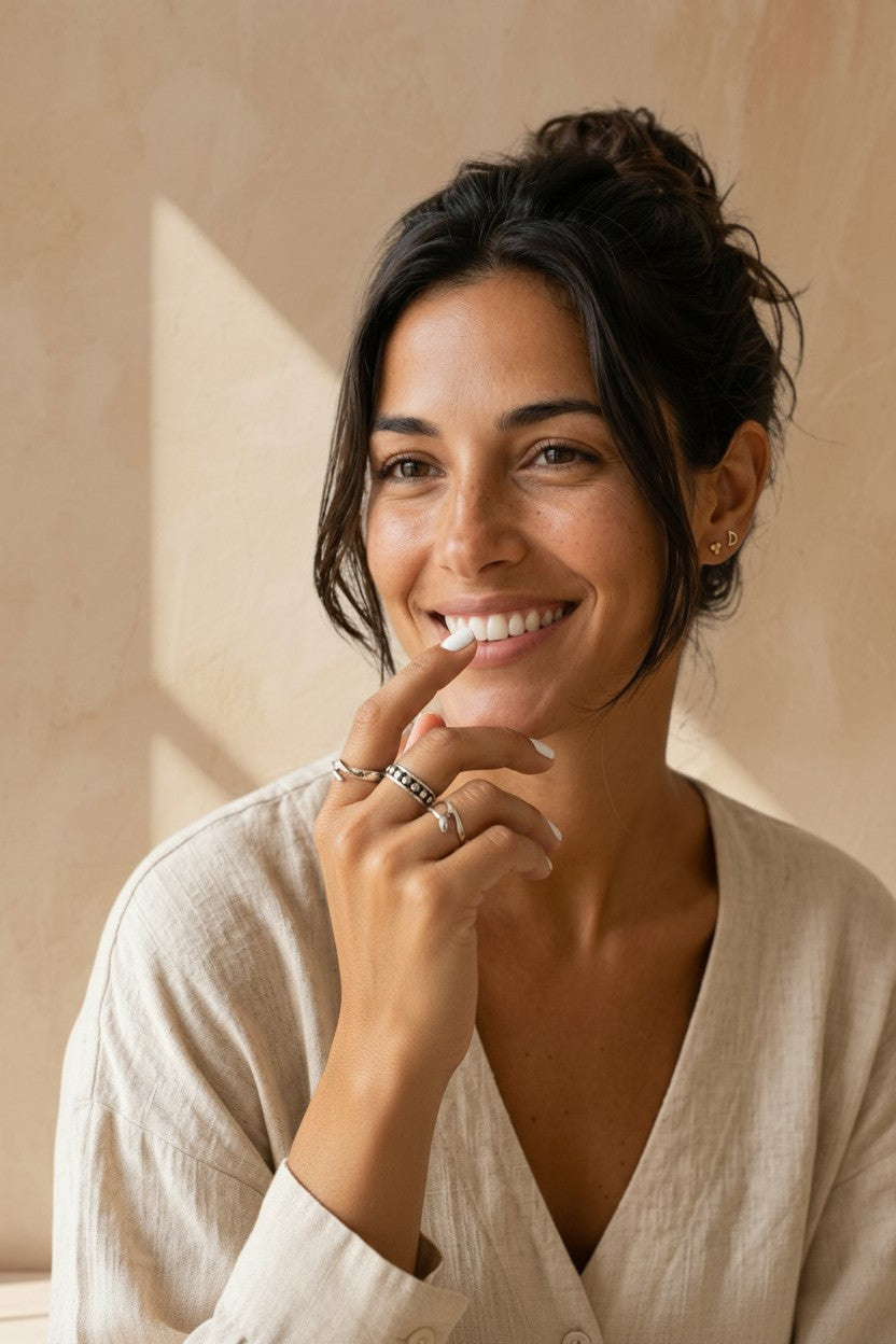 Mujer sonriente luciendo el anillo Origen 2 de Calendula-shop en plata de ley 925 con diseño de bolitas envejecidas.