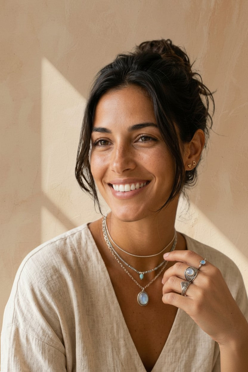Mujer sonriente luciendo anillo ancho de plata de ley 925 con piedra luna natural de Calendula-shop