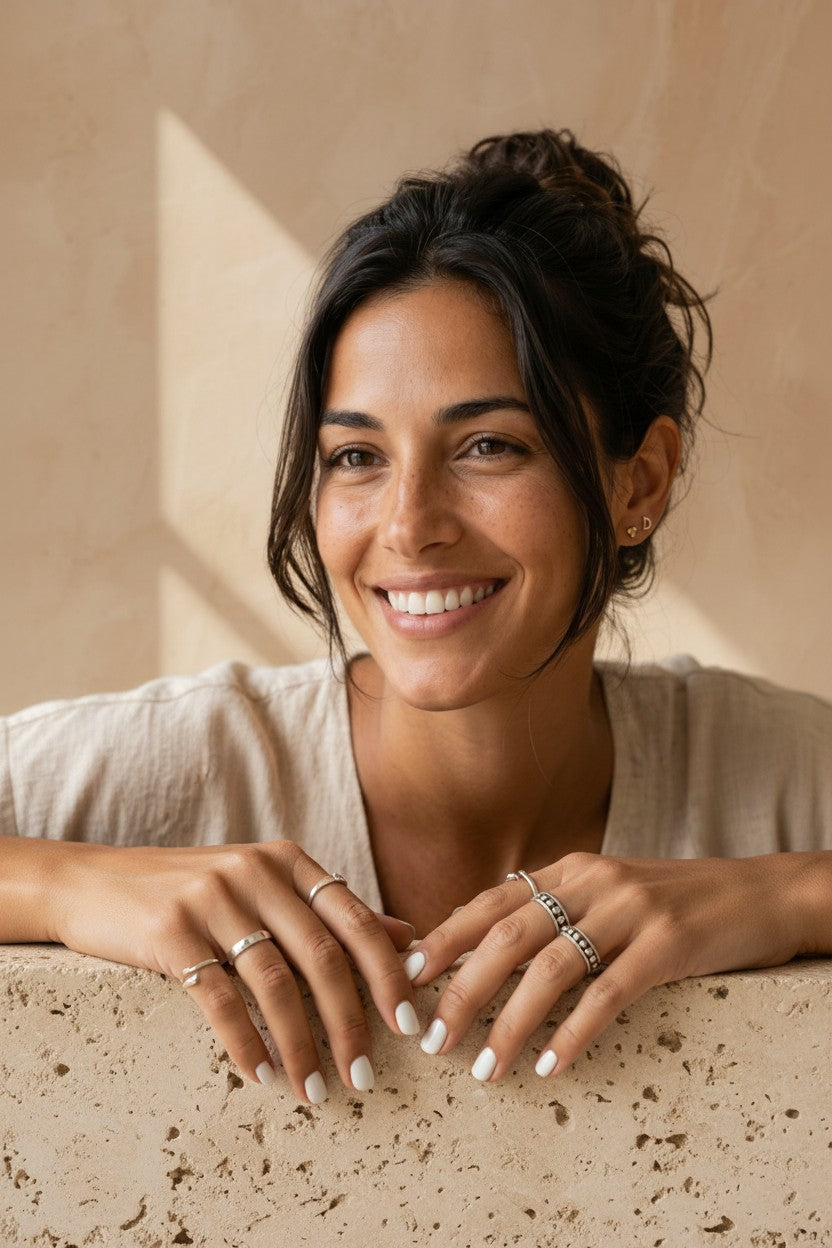 Mujer sonriente luciendo el anillo serpiente ajustable de plata de ley 925 de Calendula-shop en un entorno natural.