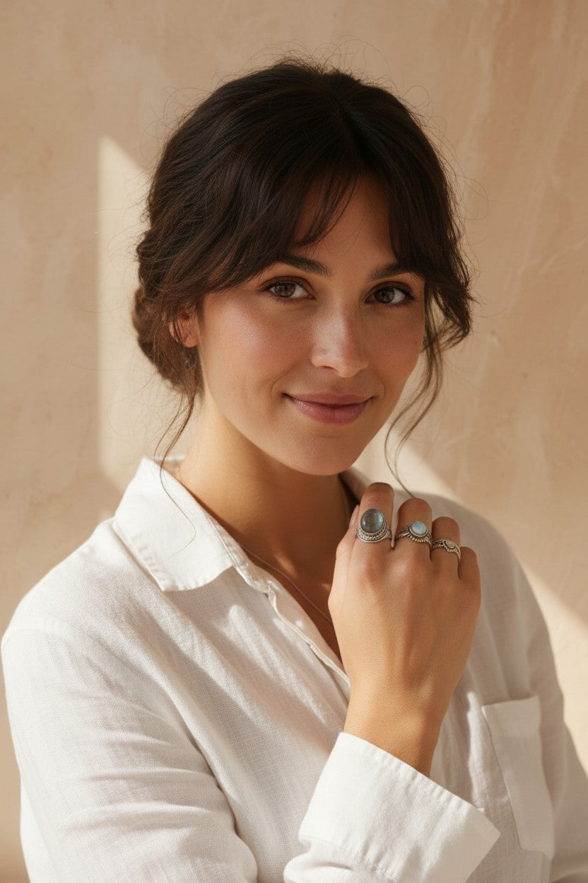 Mujer luciendo el anillo Sol Naciente de plata de ley 925 de Calendula-shop con diseño elegante de rayos solares.