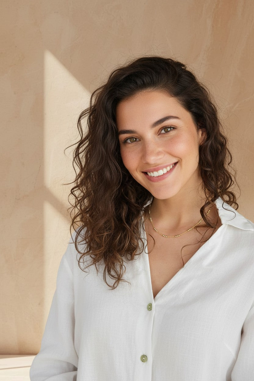 Mujer sonriente luciendo la cadena de bolitas de Calendula-shop en plata bañada en oro sobre camisa blanca