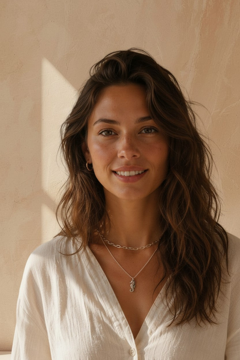 Mujer sonriente luciendo el colgante Ocean de Calendula-shop, una cadena de plata de ley con dije de caballito de mar.