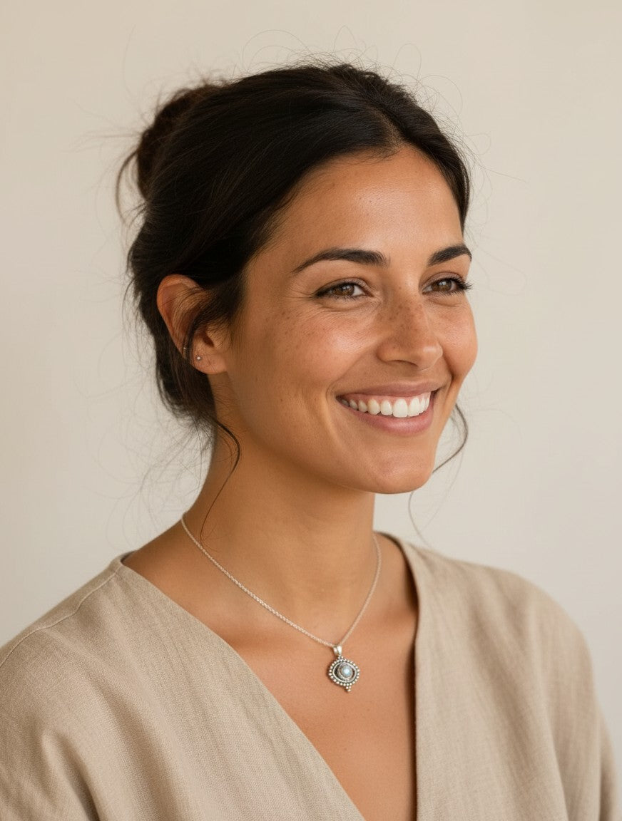 Mujer sonriente luciendo un colgante de ojito de la suerte de plata de ley 925 de Calendula-shop con cadena fina.