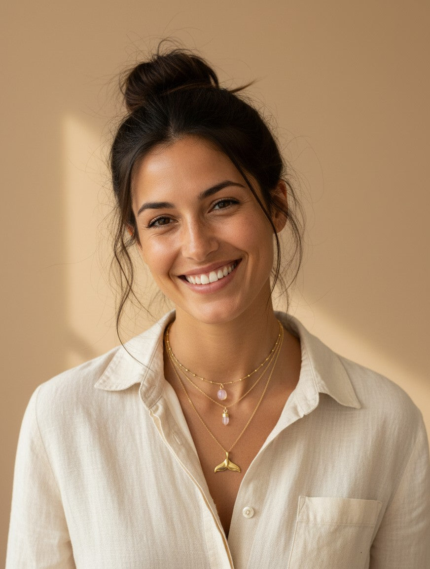 Mujer sonriente luciendo el collar Calendula-shop Mares del Sur con colgante de cola de ballena en plata bañada en oro