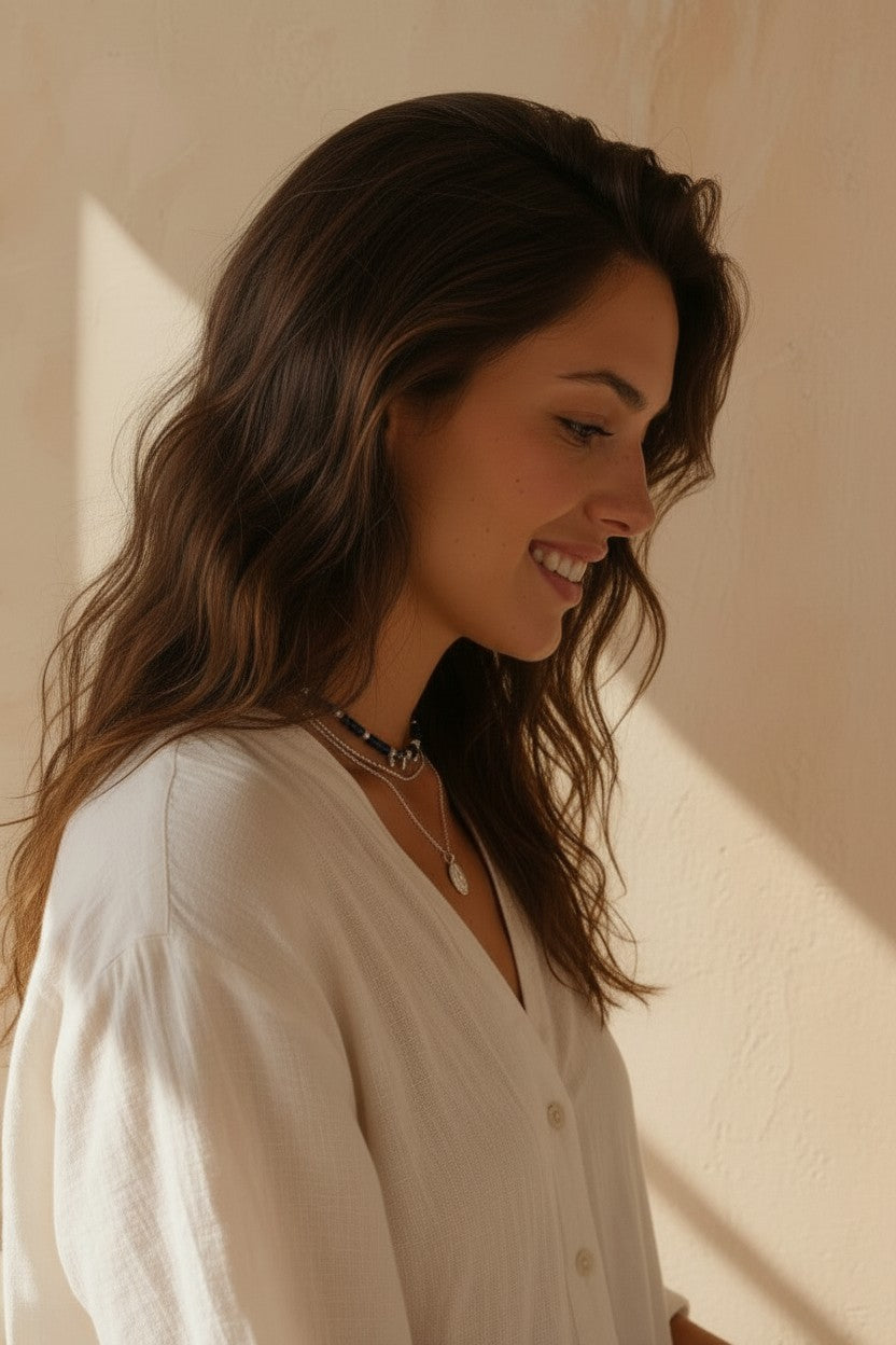 Mujer sonriente luciendo un collar de luna llena en plata de ley de Calendula-shop con cadena fina