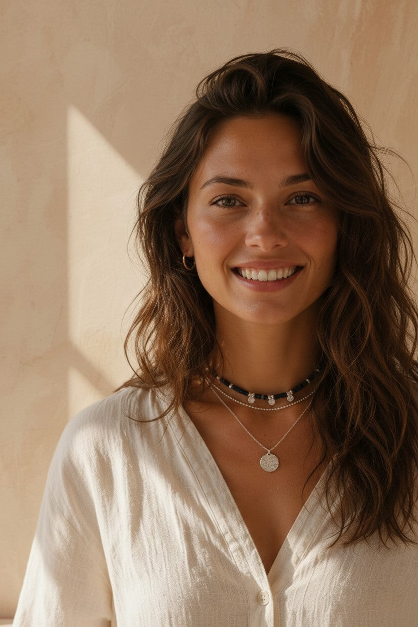 Mujer sonriente luciendo el collar Luna Llena de plata de ley de Calendula-shop con cadena fina y colgante circular