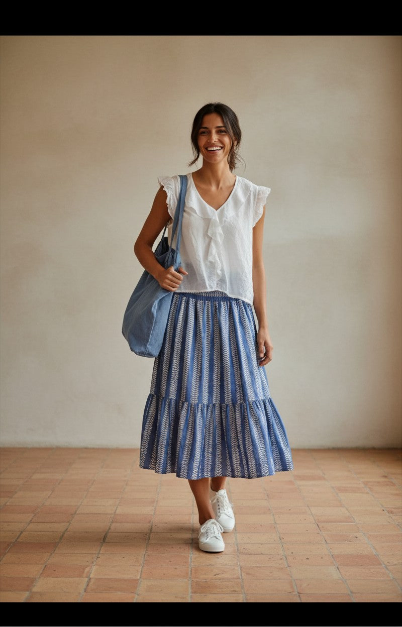 Falda larga azul con estampado de ramilletes de Calendula-shop, cintura elástica, estilo casual y fluido.