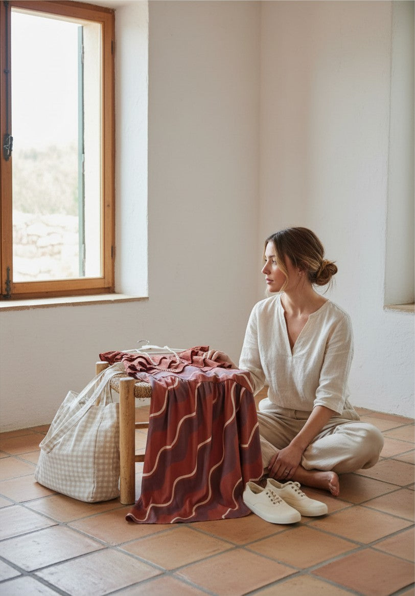 Falda larga Calendula-shop de ondas en tonos tierra, fluida y cómoda, presentada por una mujer en un entorno natural.