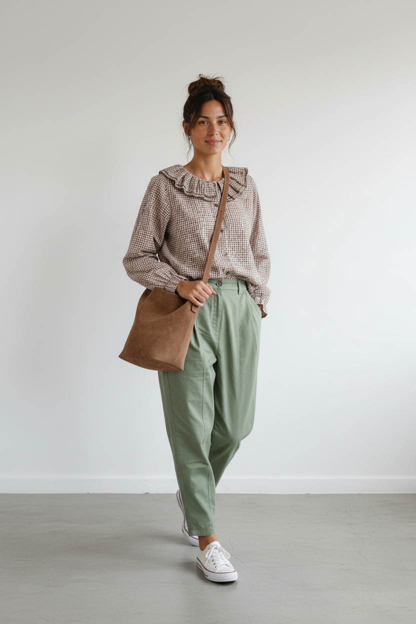 Calendula-shop Julieta blouse in brown gingham with a round ruffled collar and button-down front worn by a model.