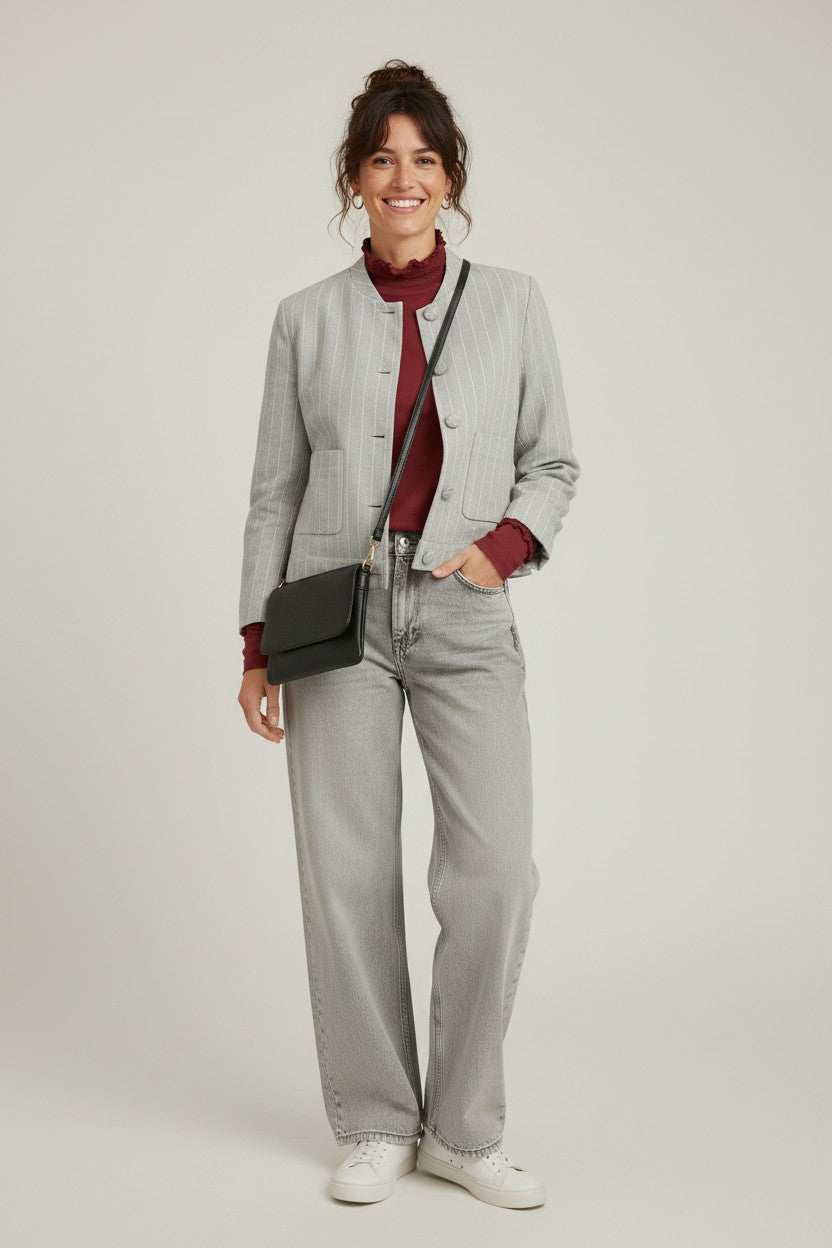 Calendula-shop Mara cropped jacket in grey with fine pinstripes, button front, and cotton blend fabric