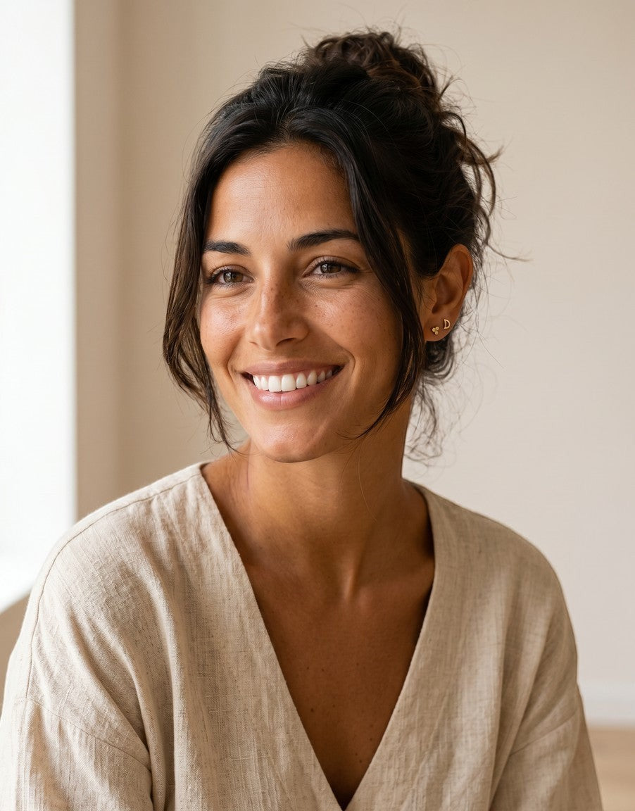 Mujer sonriente luciendo pendientes mini de plata dorada Calendula-shop con forma de luna y bolitas en el lóbulo