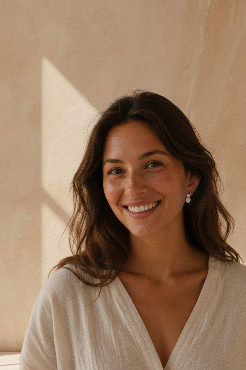 Modelo sonriendo con pendientes Mimosa de plata de ley 925 con diseño de dos círculos de Calendula-shop