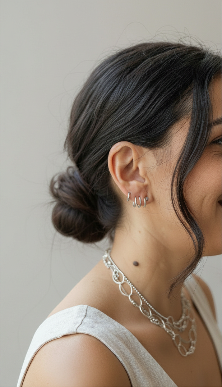 Calendula-shop sterling silver triple hoop earrings worn on a model with a hair bun