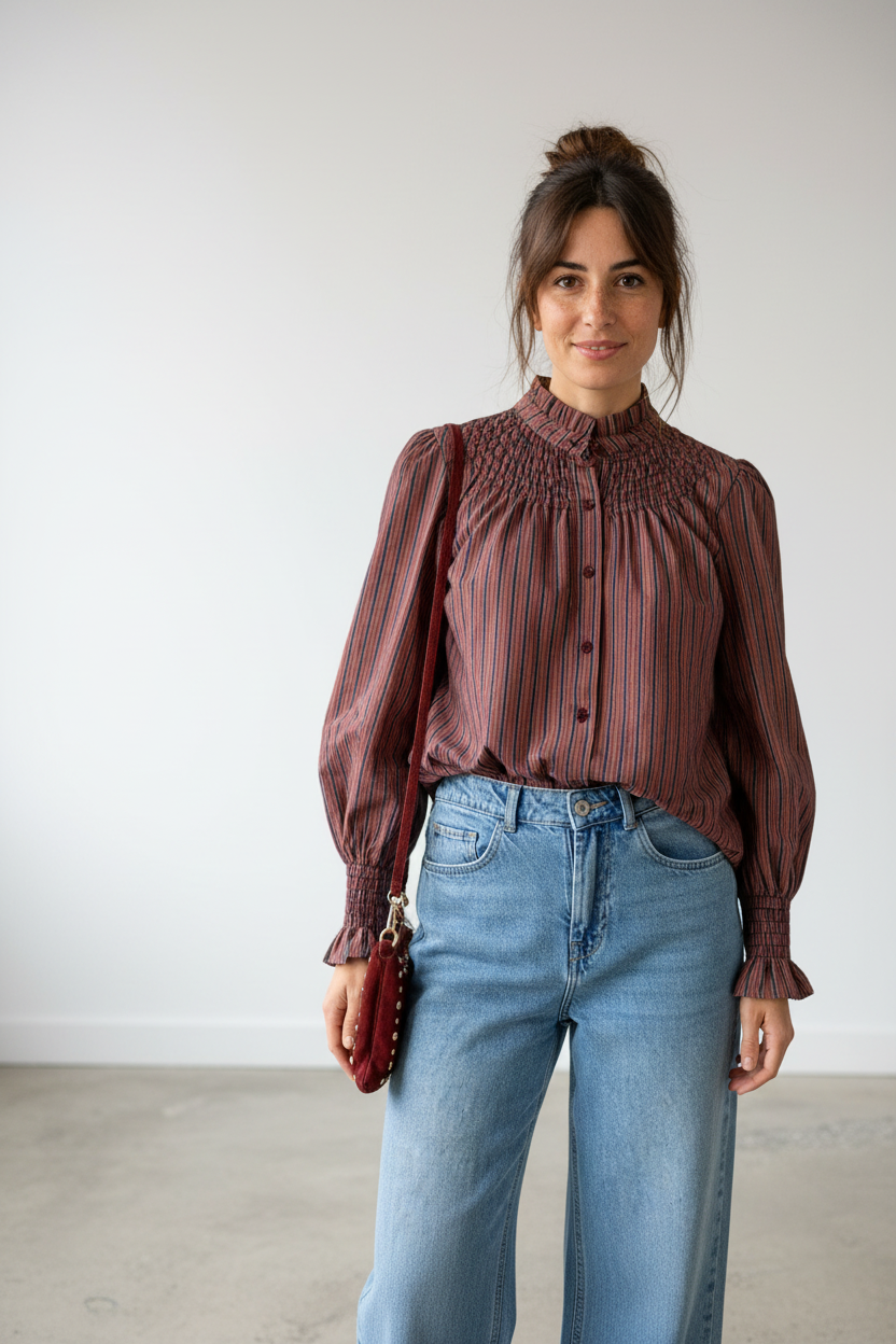 Calendula-shop striped long-sleeve blouse with smocked high neck and cuffs, worn with blue jeans by a woman.