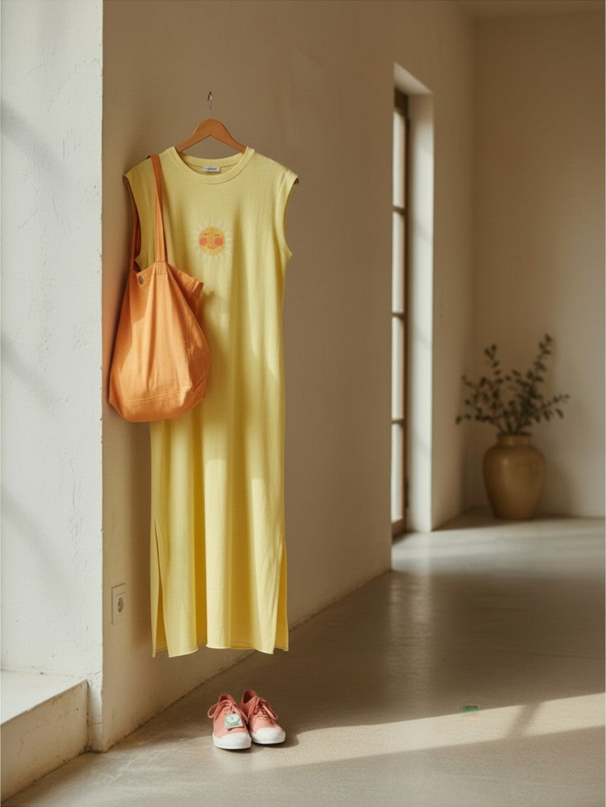 Vestido midi amarillo de Calendula-shop en algodón con cuello redondo y estampado de sol, colgado en una pared.