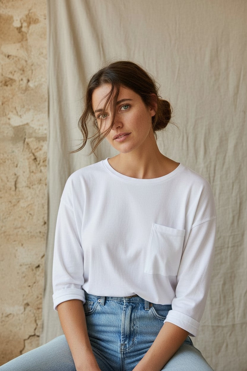Calendula-shop white long-sleeve cotton t-shirt with a chest pocket worn by a woman against a rustic backdrop