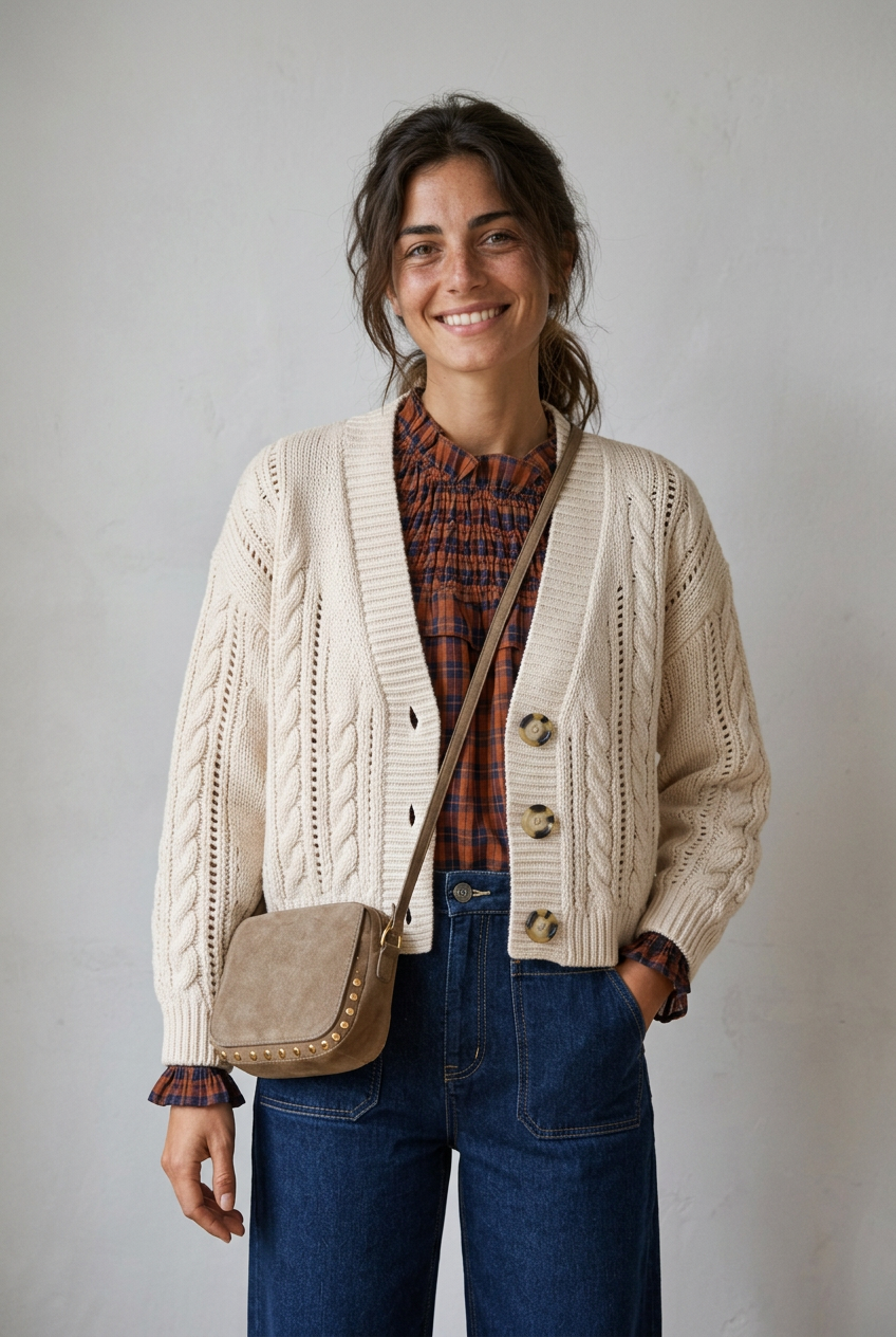Chaqueta Margot beige con modelo y luz natural