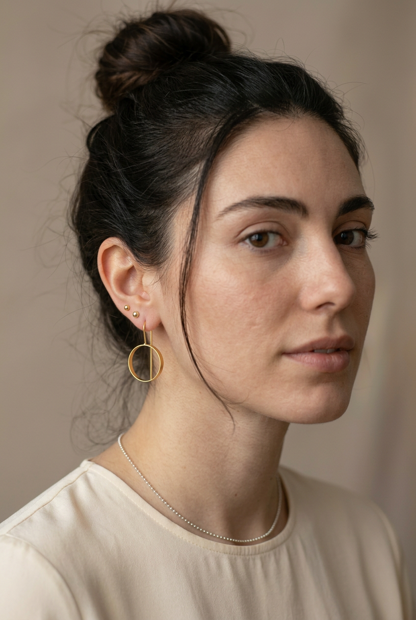 Chica con moño alto y pendientes Sfera dorados