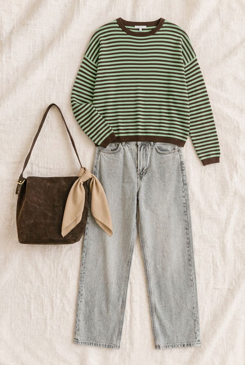 Conjunto del jersey verde y chocolate con pantalón, bolso y pañuelo beige
