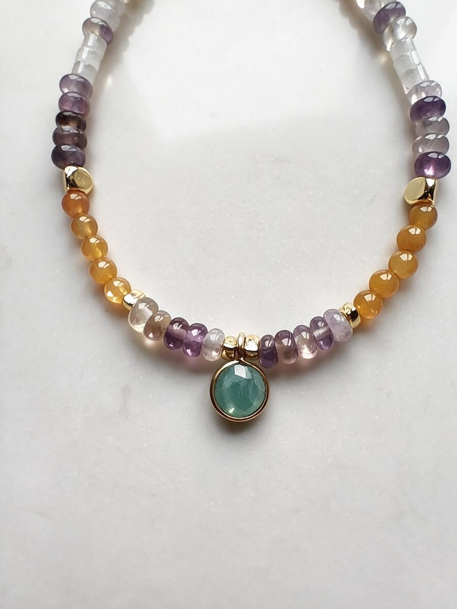 PULSERA AMATISTA Y CALCEDONIA AMARILLA ORO