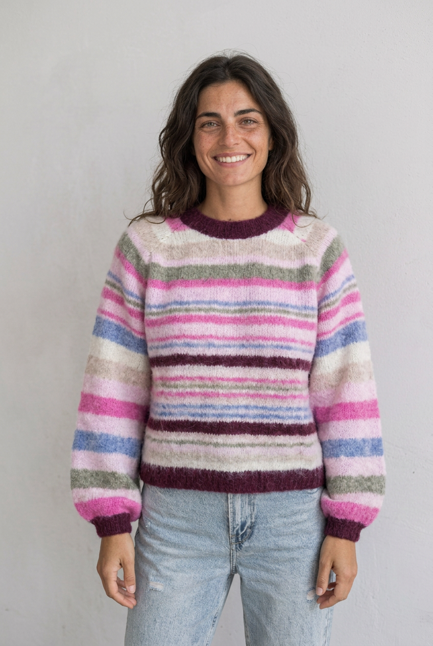 Jersey Lía con modelo sonriente de medio cuerpo sobre fondo de cemento blanco