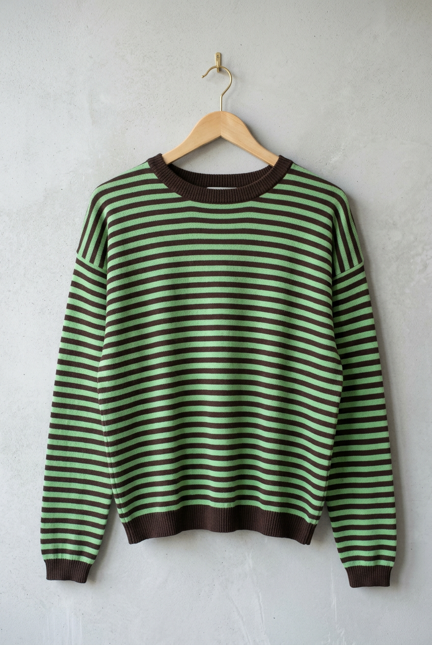 Jersey marrón chocolate y verde en percha