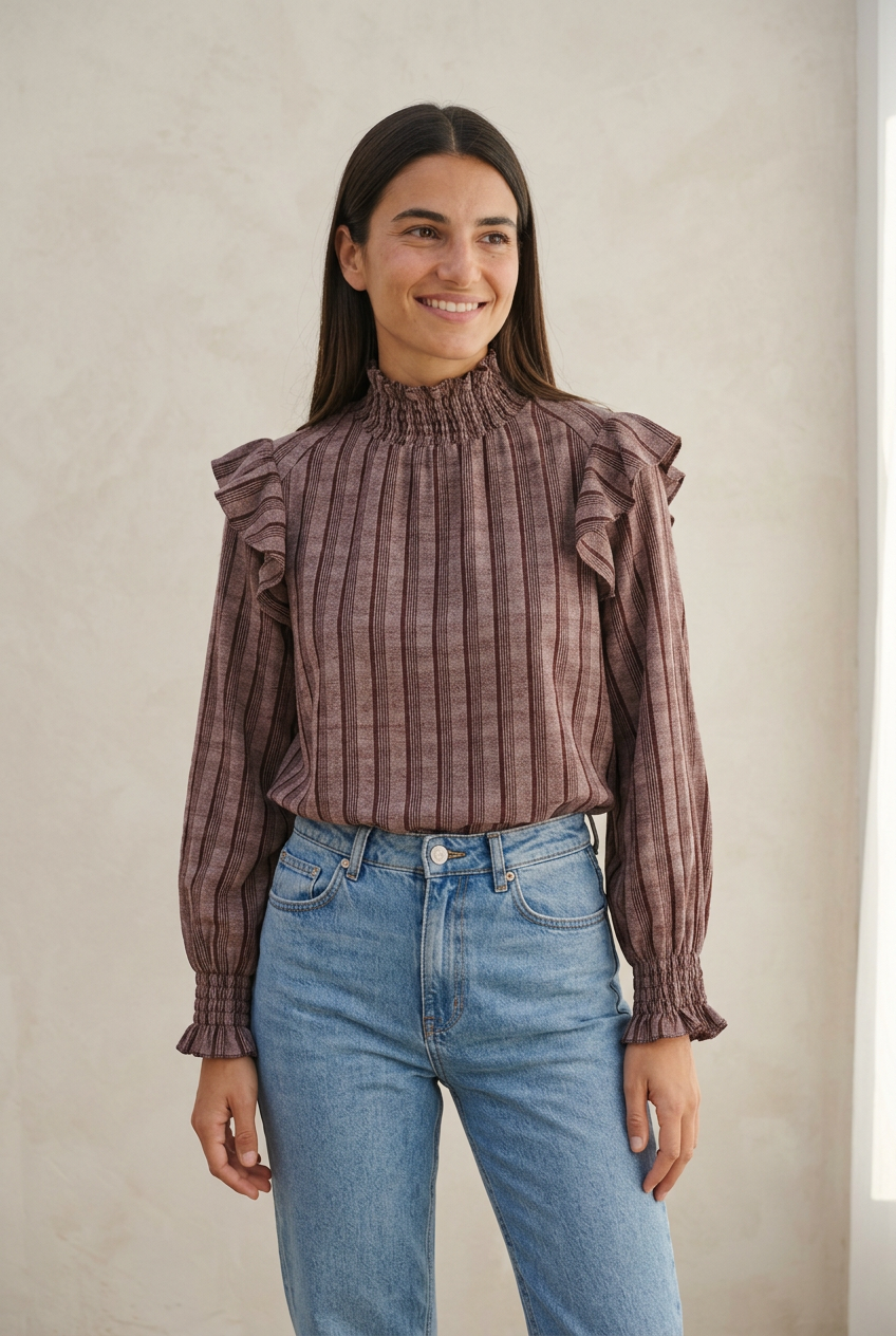 Modelo con blusa Dakota marrón y vaquero claro