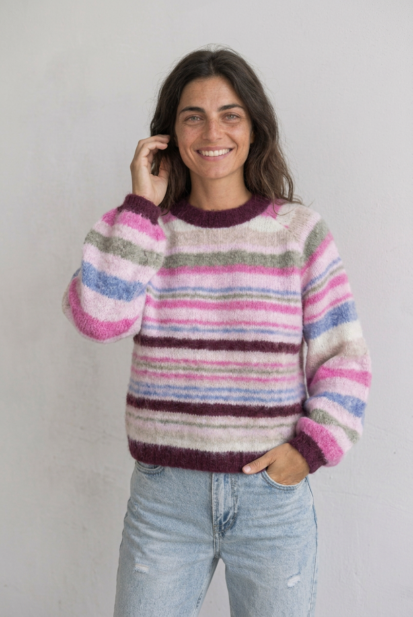 Modelo con jersey Lía de medio cuerpo y mano en el pelo