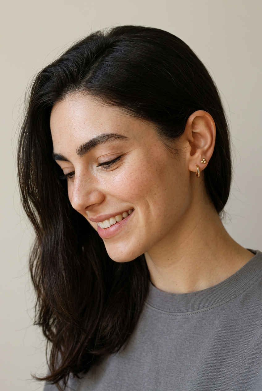 Modelo con pelo a un lado, sonrisa y mirada hacia abajo luciendo aros pequeños