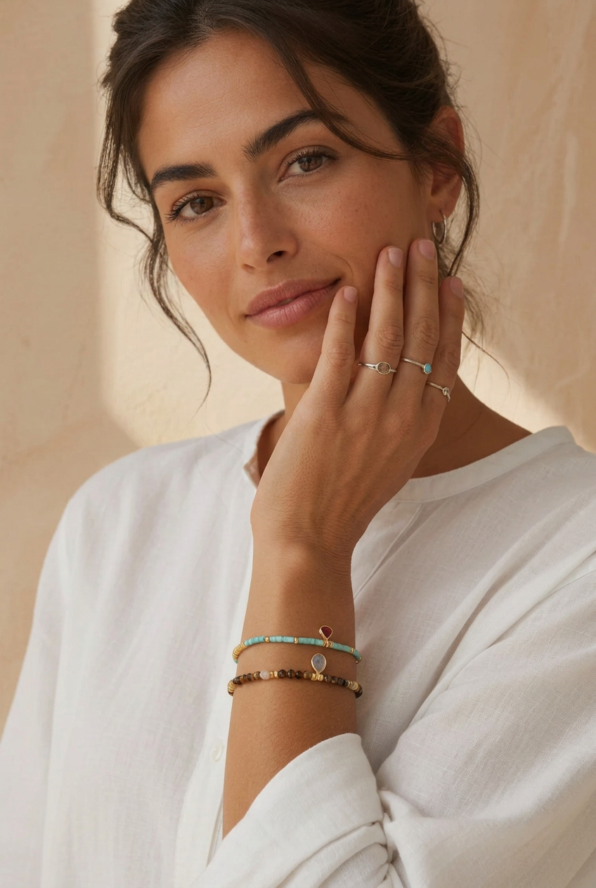 Modelo natural y sensual tocándose la cara con las pulseras visibles