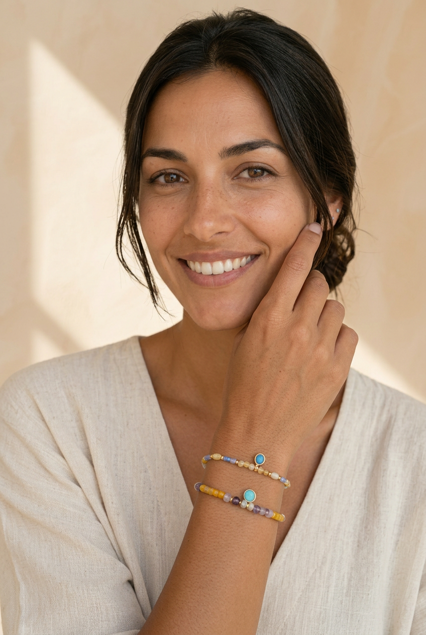 Modelo tocándose la cara con tus dos pulseras