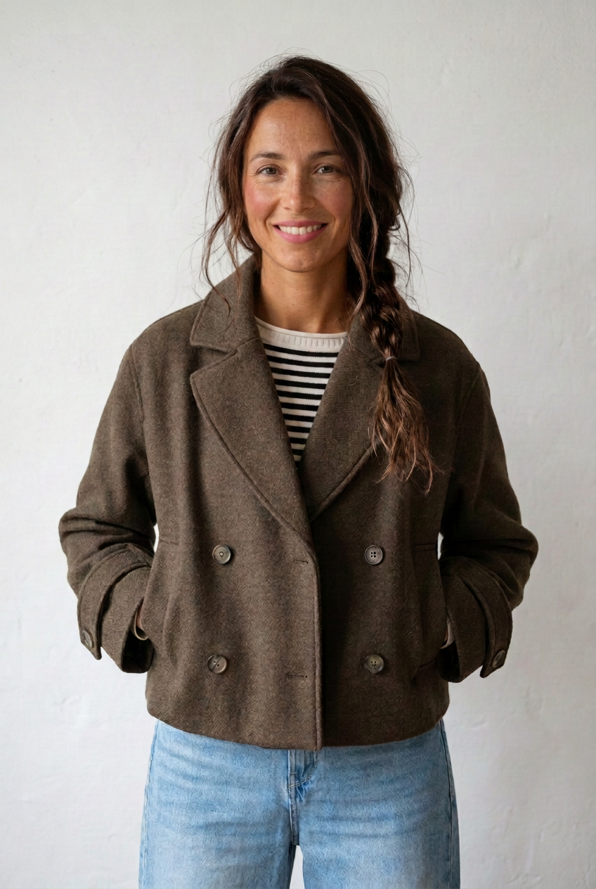 Primera foto de la chaqueta Jara con maquillaje suave