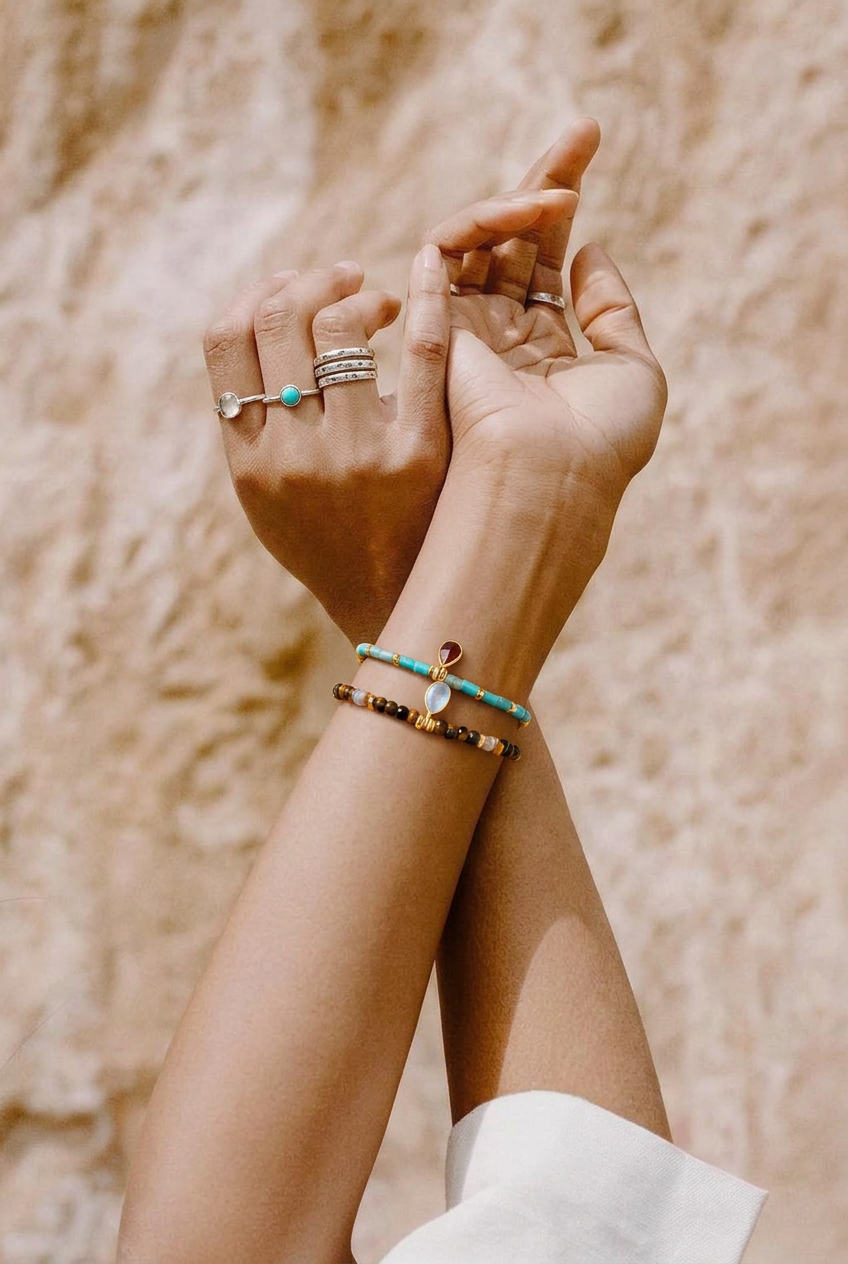 Pulseras basadas en la foto 5, con manos cruzadas y luz cálida