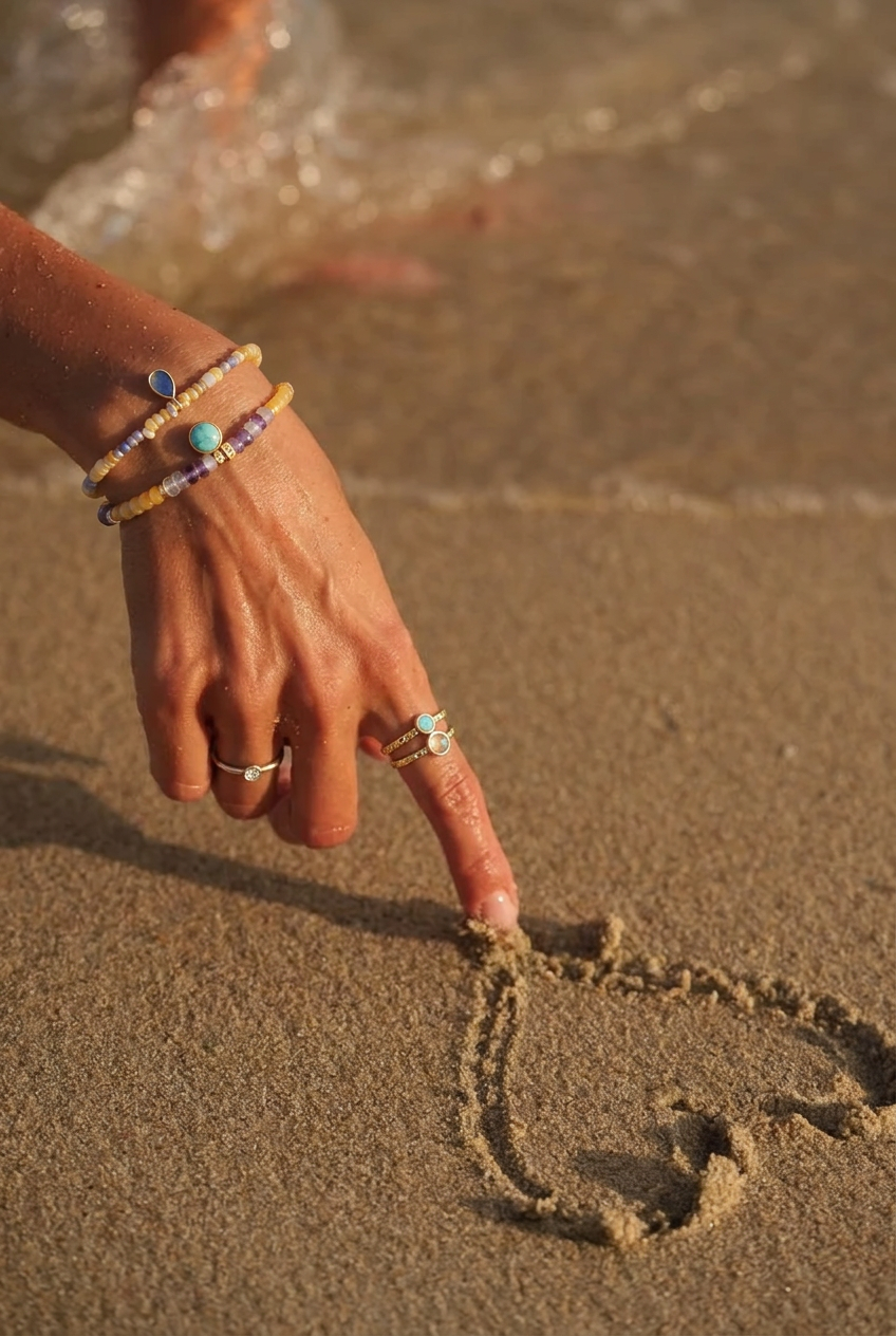 Pulseras de la versión anterior en la mano sobre la playa