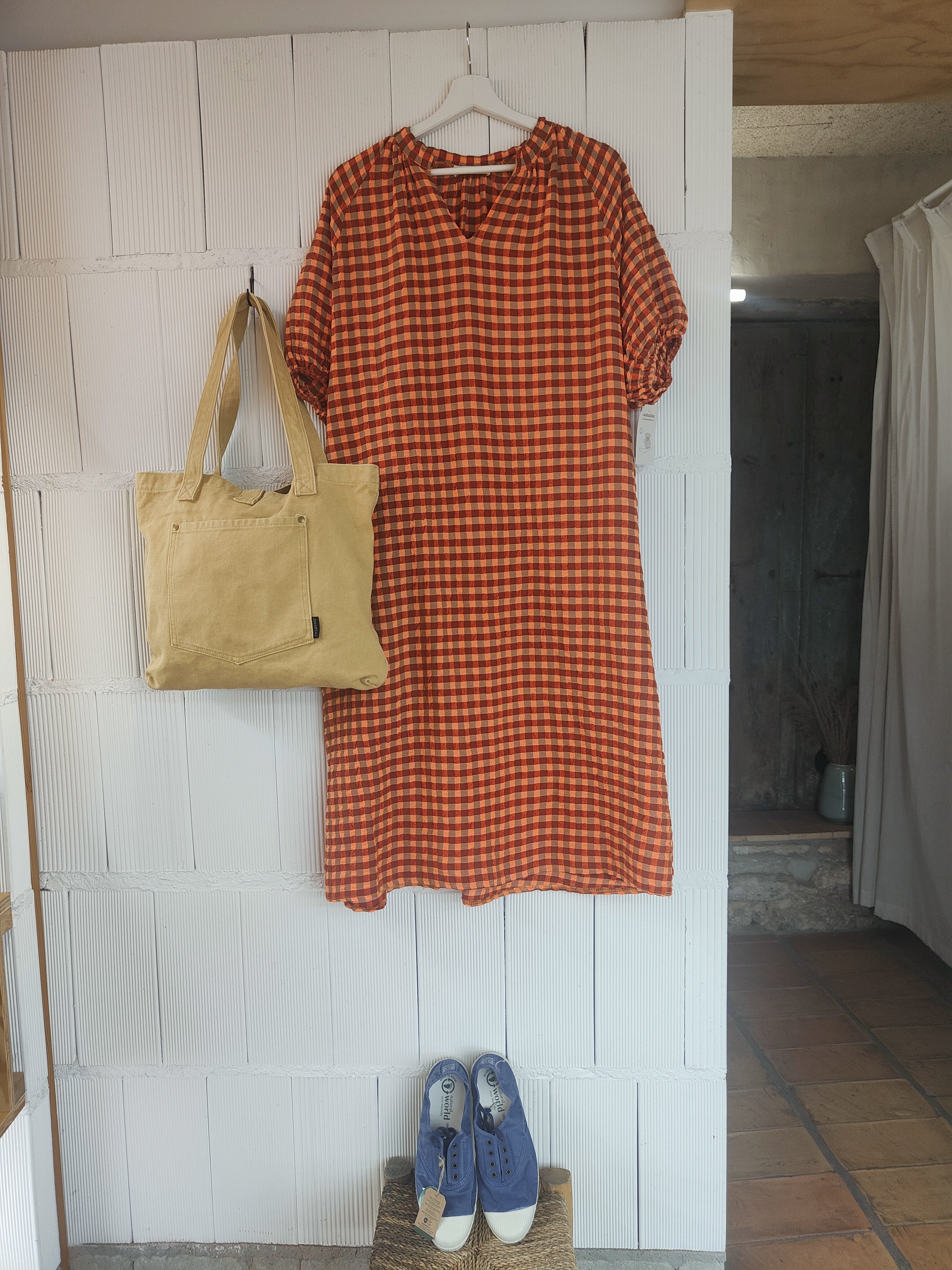 VESTIDO CUADROS OVERSIZE TEJA